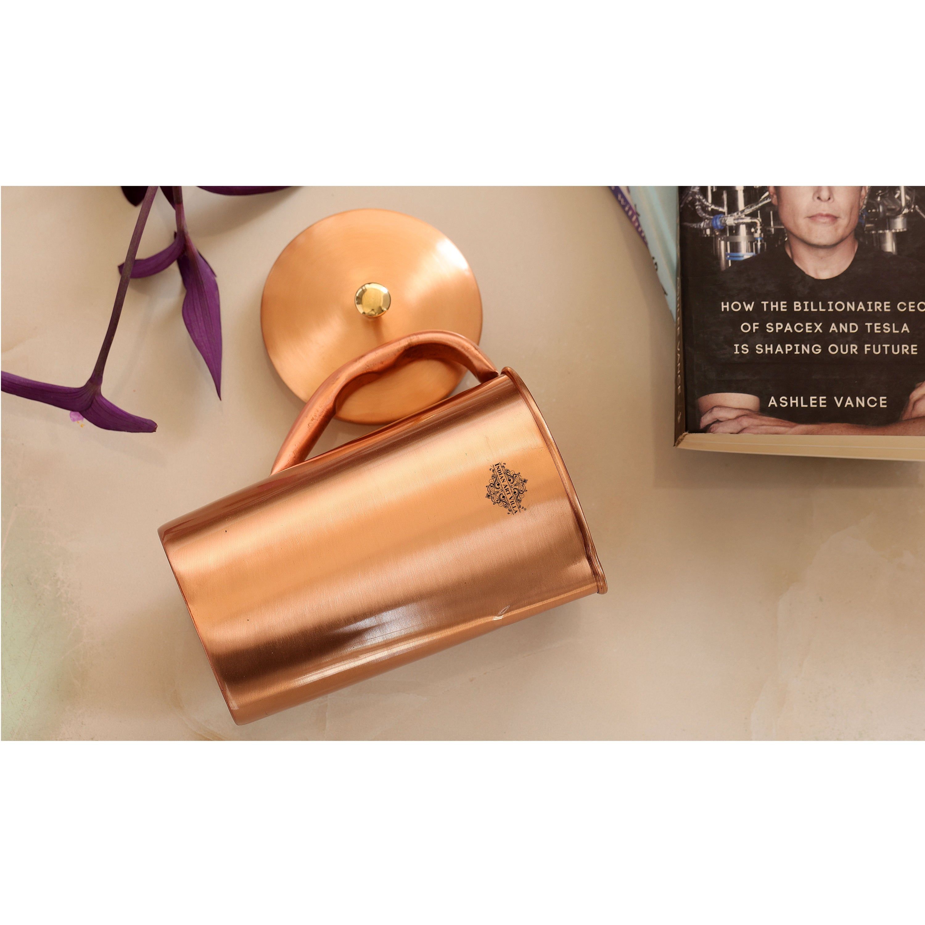 Pure copper plain jug with brass knob on lid, 1000 ML